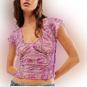 Free People Oh My Baby Tee Cropped Ruched Blouse – Lilac Combo, Small NWT